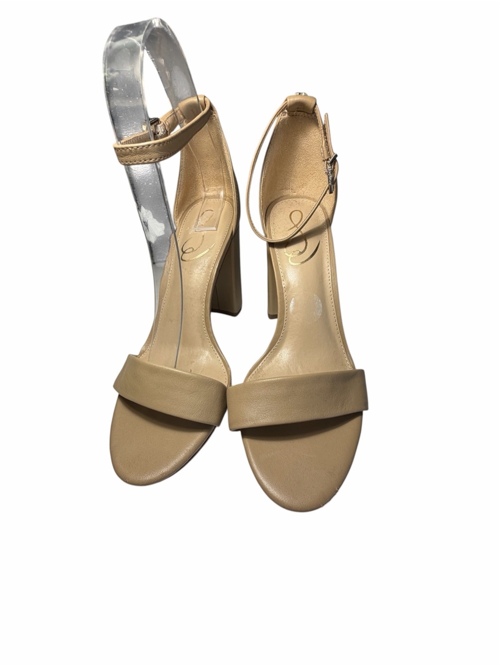 Sam Edelman Yaro Leather Neutral Tan Block Heel Ankle-Strap Sandals Sz 7.5